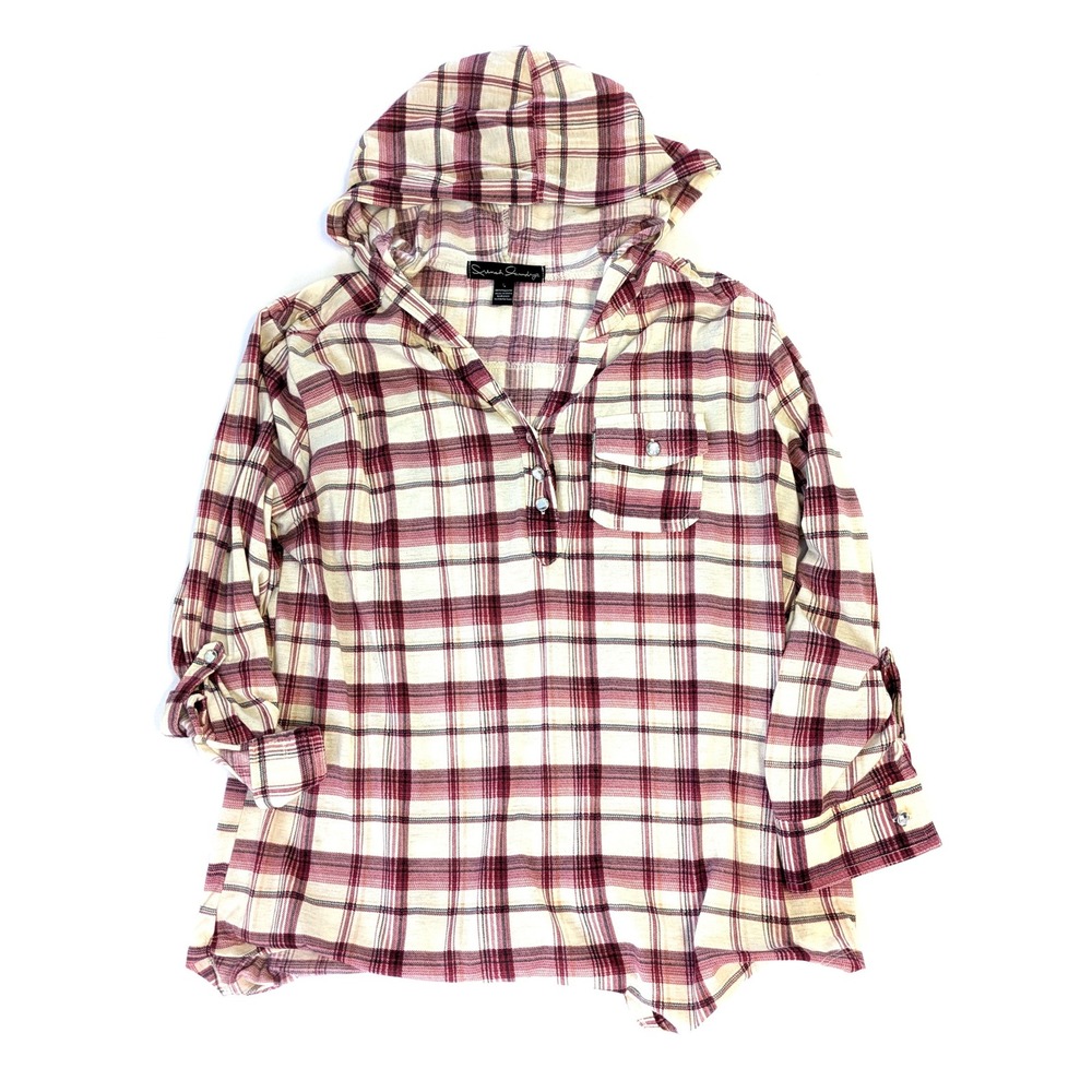 French Laundry Womens Plaid Hooded Henley Top Burgundy Cream Roll Tab Sleeve L